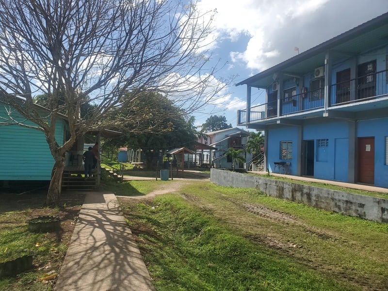 A walkway between campus buildings