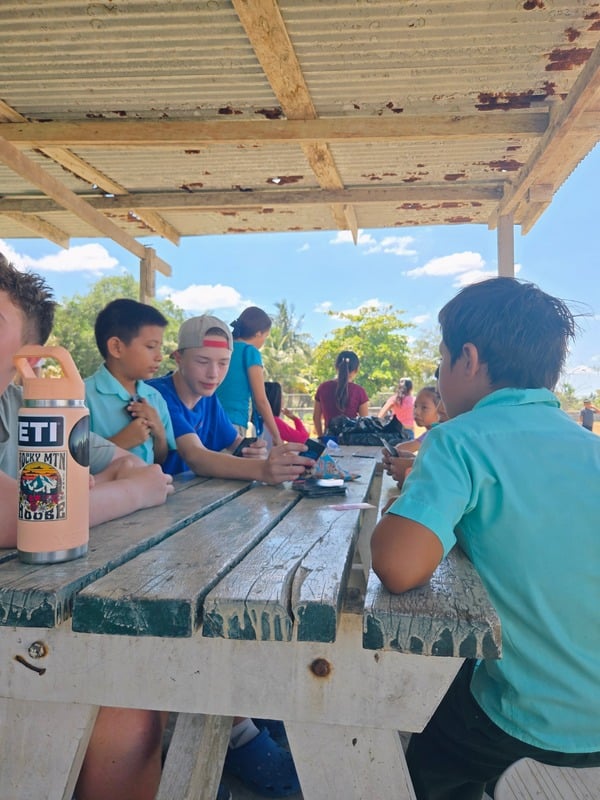 Students at a picnic table during a break