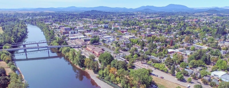 An aerial view of downtown Corvallis along the river