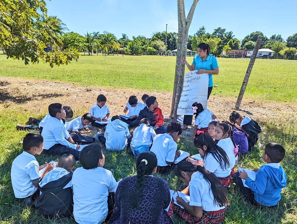 Students studying outdoors with their teacher