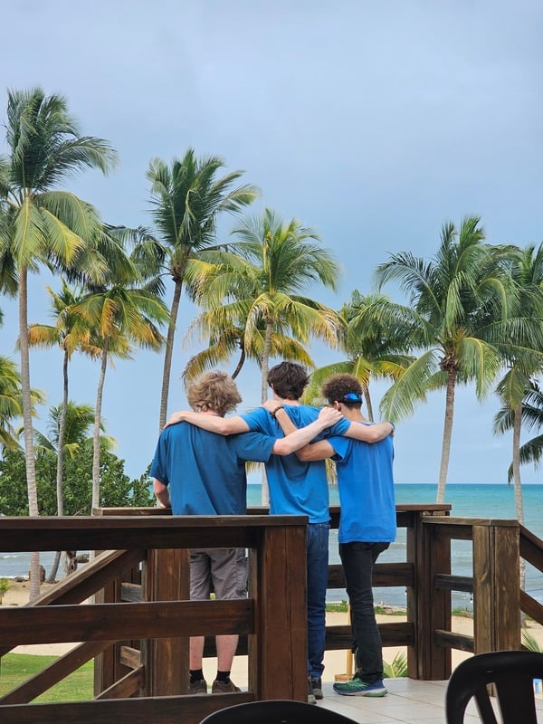 Team members overlooking the ocean from a palm-lined deck
