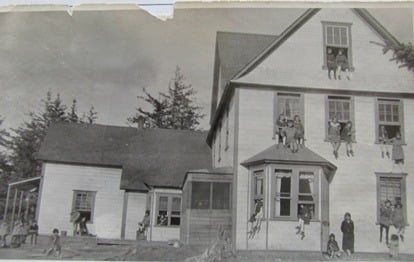 A historic archival photo of the mission's original building