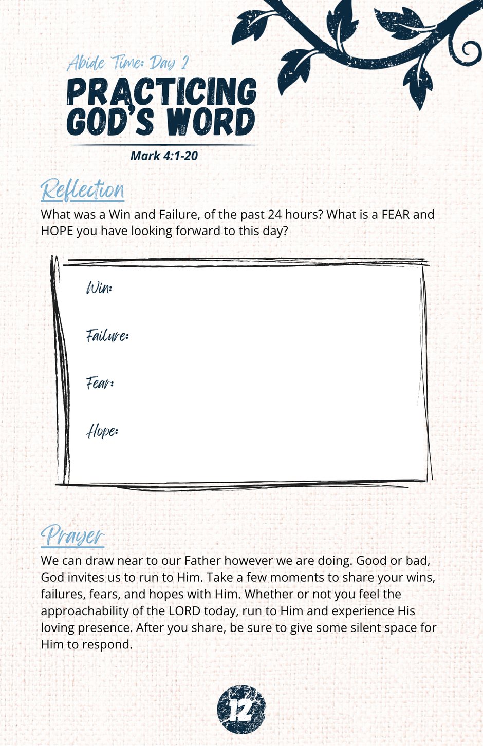 A Trip Journal page: Practicing God&rsquo;s Word, with a reflection box and prayer