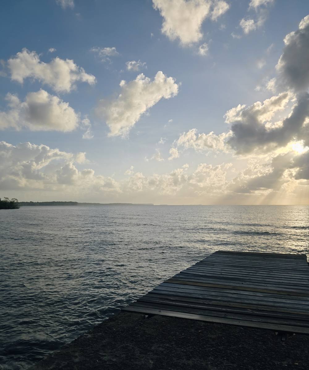 A wooden dock reaching out over calm water at sunset
