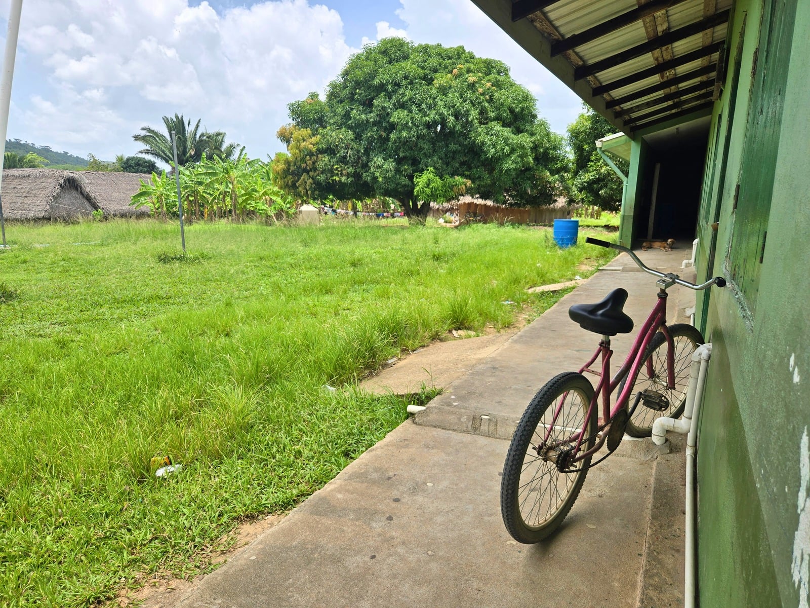 A bicycle parked outside a village home