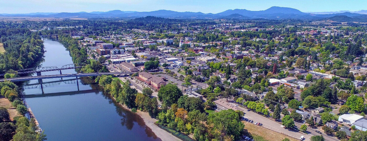 Aerial view of the Willamette River and downtown Corvallis, Oregon